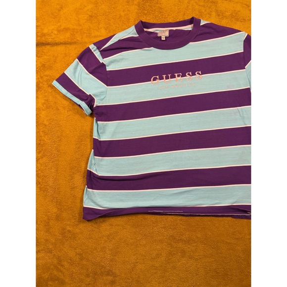 GUESS‎ Los Angeles Mens Striped T Shirt Purple Aqua White Size L - Picture 12 of 12